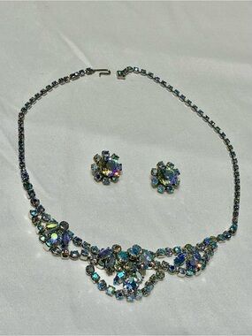 Vintage Juliana Aurora Crystal Necklace and Earrings Set - Iridescent Blue-Green
